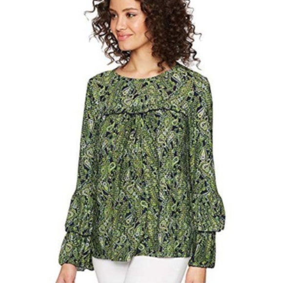 NEW Michael Kors Blouse Green  Paisley Boho Bell  Tiered Top Ruffle Sleeve S - Picture 1 of 16